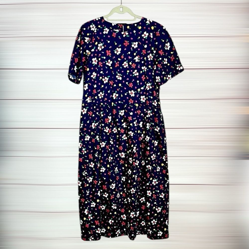 Talbots Vintage Retro Blue Floral Midi Dress Short Sleeves Pockets Size 10